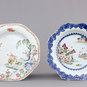 Two fine Chinese famille rose octagonal export plates, Qianlong