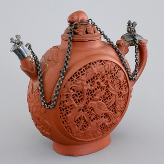 A Chinese silver-mounted open-worked Yixing stoneware teapot, 18th C.