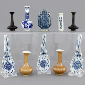 A collection of Chinese miniature vases and spoons in porcelain and bronze, 18th and 19th C.