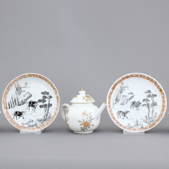 Two fine Chinese grisaille, gilt and iron-red cups and saucers and a small teapot, Yongzheng-Qianlong, 18th C.