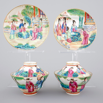 A pair of Chinese Canton famille rose cups, saucers and covers, Daoguang, 19th C.