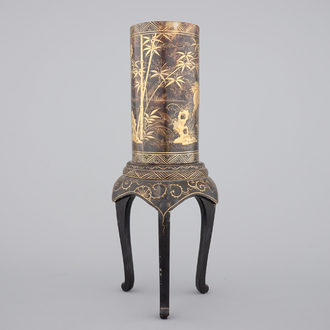 A tall Japanese gold-lacquered tortoise shell brush pot on tripod stand, Meiji, ca. 1880