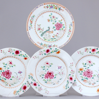 4 Chinese famille rose porcelain plates: one with peacocks and three floral, Qianlong, 18th C.