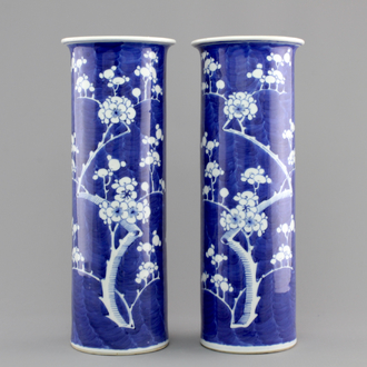 A pair of blue and white Chinese vases with prunus decoration, 19th C.