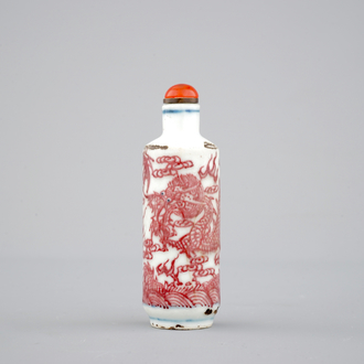 A Chinese blue, white and iron red dragon snuff bottle, ca. 1900