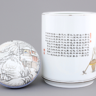 A Chinese box and cover with a winter landscape and a brush pot, 20th C.