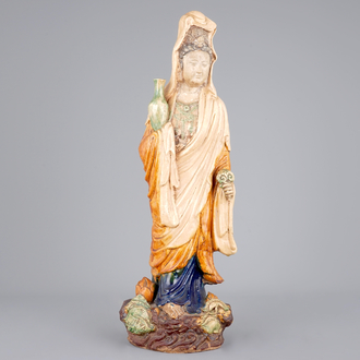 A tall Chinese sancai pottery figure of a guanyin, prob. Ming Dynasty