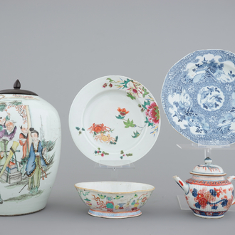 Two Chinese plates, an Imari teapot, 18th C., with a bowl and a ginger jar, 19th C.