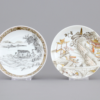 Two fine Chinese porcelain grisaille and gilt saucers, Yongzheng, 1722-1735