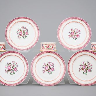 Three Chinese porcelain famille rose salts and five small plates, 18th C.