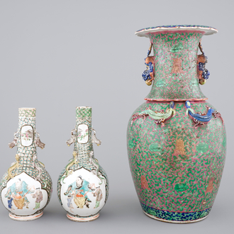 A pair of Canton famille verte vases and a pink ground Canton vase, 19th C.