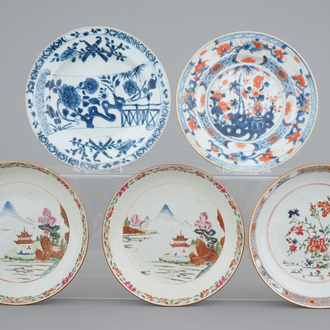 A set of 5 Chinese export porcelain plates, Kangxi-Qianlong, 18th C.