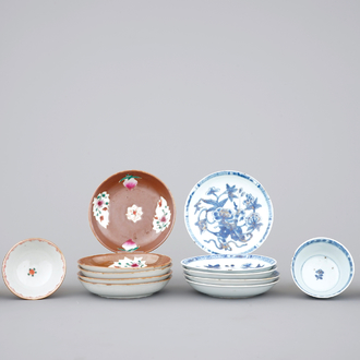 A group of 10 Chinese cups and saucers: Famille rose and batavia brown with blue, white and gilt, Kangxi-Qianlong, 18th C.