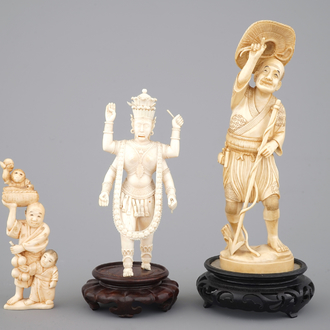 Three carved ivory figures, Japan and India, 19th C.