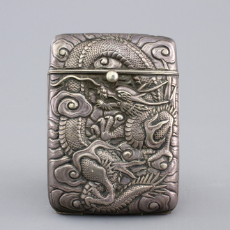 A Chinese silver cigarette case with dragons, marked, 19th C