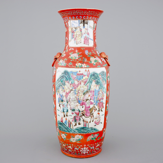 An unusual tall Chinese porcelain coral red ground vase, 19th C.