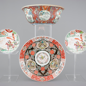 A large Japanese Arita bowl, a large dish and two plates, 19th C.