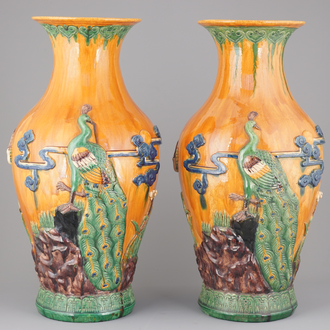 A pair of very tall Chinese sancai glazed vases, 1st half 20th C.