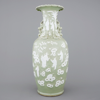 A tall Chinese porcelain white slip on celadon ground vase, 19/20th C.