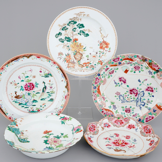 Five large Chinese porcelain famille rose dishes, 18th C.