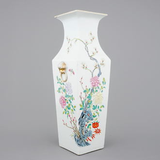A tall square Chinese famille rose vase, 19th C.