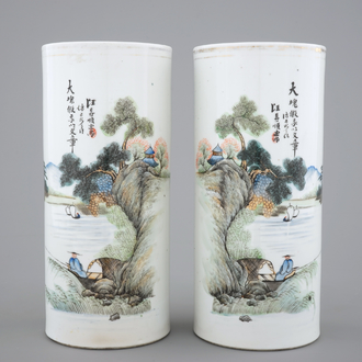 A pair of Chinese porcelain landscape hat stands, 19/20th C.