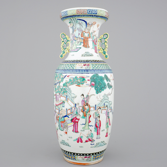 A tall Chinese famille rose porcelain vase with immortals, 19/20th C.