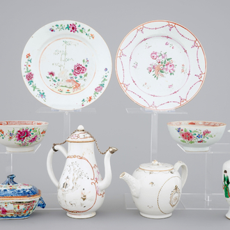 18th C. Chinese porcelain: Two grisaille jugs, a tureen, two bowls and two plates, Qianlong and a Yongzheng famille rose vase
