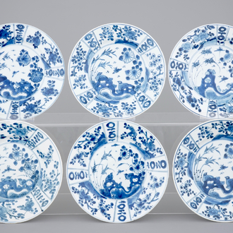 A set of six Chinese blue and white plates with bird and flowers, Kangxi, ca. 1700