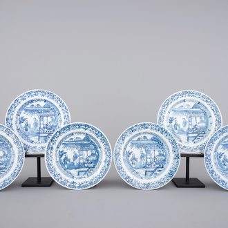 A set of six Chinese blue and white figural plates, Qianlong, 18th C.