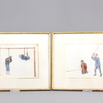 Two Chinese Canton rice paper paintings of punishments, 19th C.