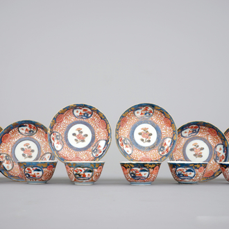 Six Japanese Imari porcelain cups and saucers, 18th C.