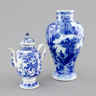 A blue and white jug with cover and a small vase, Kangxi, ca. 1700