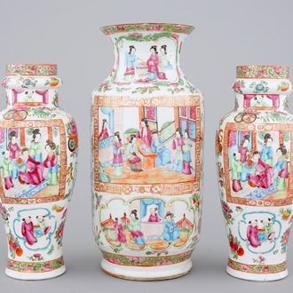 A set of three Chinese Canton rose medallion vases, ca. 1850