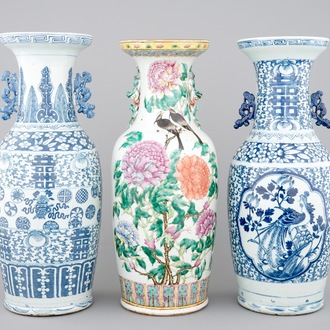 3 tall Chinese famille rose and blue & white vases, 19th C.