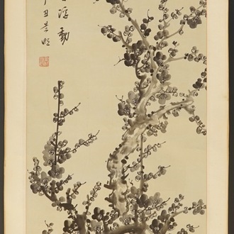 A signed Chinese floral scroll painting, 19/20th C.