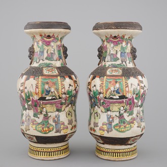 A tall pair of Chinese famille verte crackle glaze vases, Nanking, 19th C.
