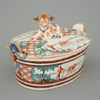 A Dutch Delft petit feu butter tub with a cow, dated 1747