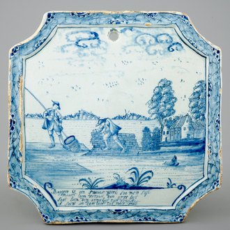 A blue and white Dutch Delft dredging subject plaque, 18th C.