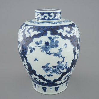 A Dutch Delft blue and white ginger jar and cover, early 18th C.