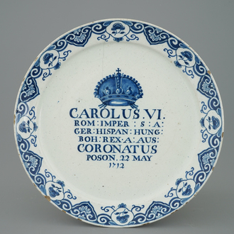 A Dutch Delft blue and white plate for the coronation of Charles VI, ca. 1722