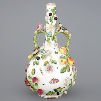 A Meissen style two-handled bottle vase with applied insects, birds and flowers, 19/20th C.