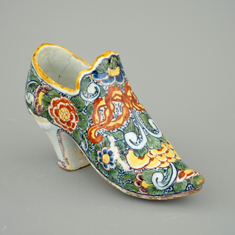 A Dutch Delft polychrome shoe, 18th C.