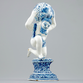 A blue and white Dutch Delft figure of Atlas, ca. 1710