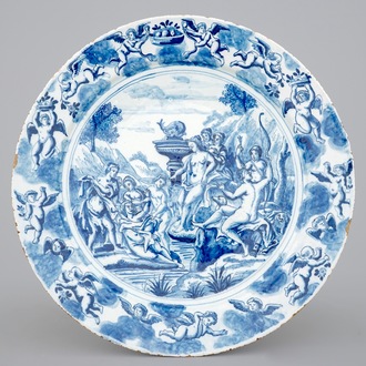 A blue and white Dutch Delft plate with a mythological scene, ca. 1700