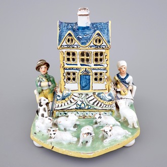 Une groupe en faïence de bergers-musiciens, moutons et une maison, France, 18ème
