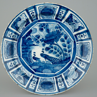 A large blue and white Dutch Delft chinoiserie dish in kraak style, 18th C.