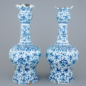 Two large Dutch Delft garlic neck vases with millefiori design, late 17th C.