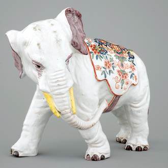 A large polychrome Delft model of an elephant, 19th C.