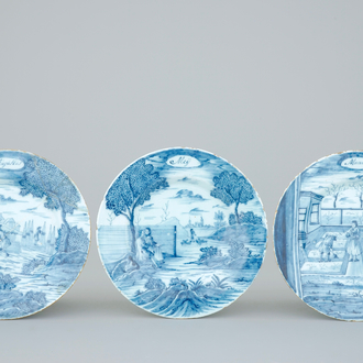 Three Dutch Delft blue and white month plates, 18th C.
